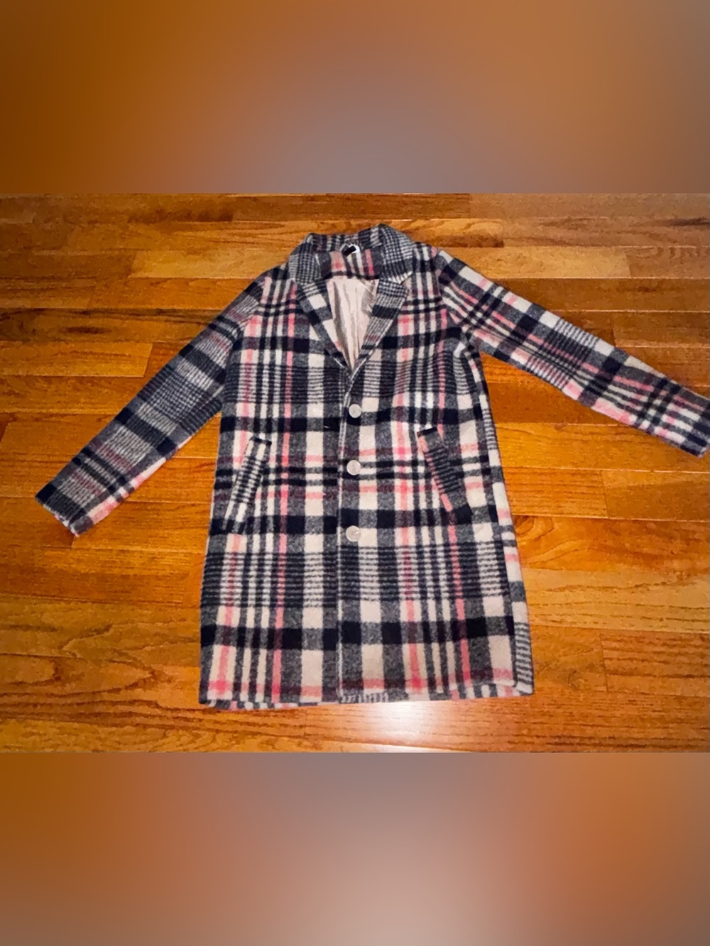H&M Plaid Wool-Blend Long Coat in Navy, Pink & White